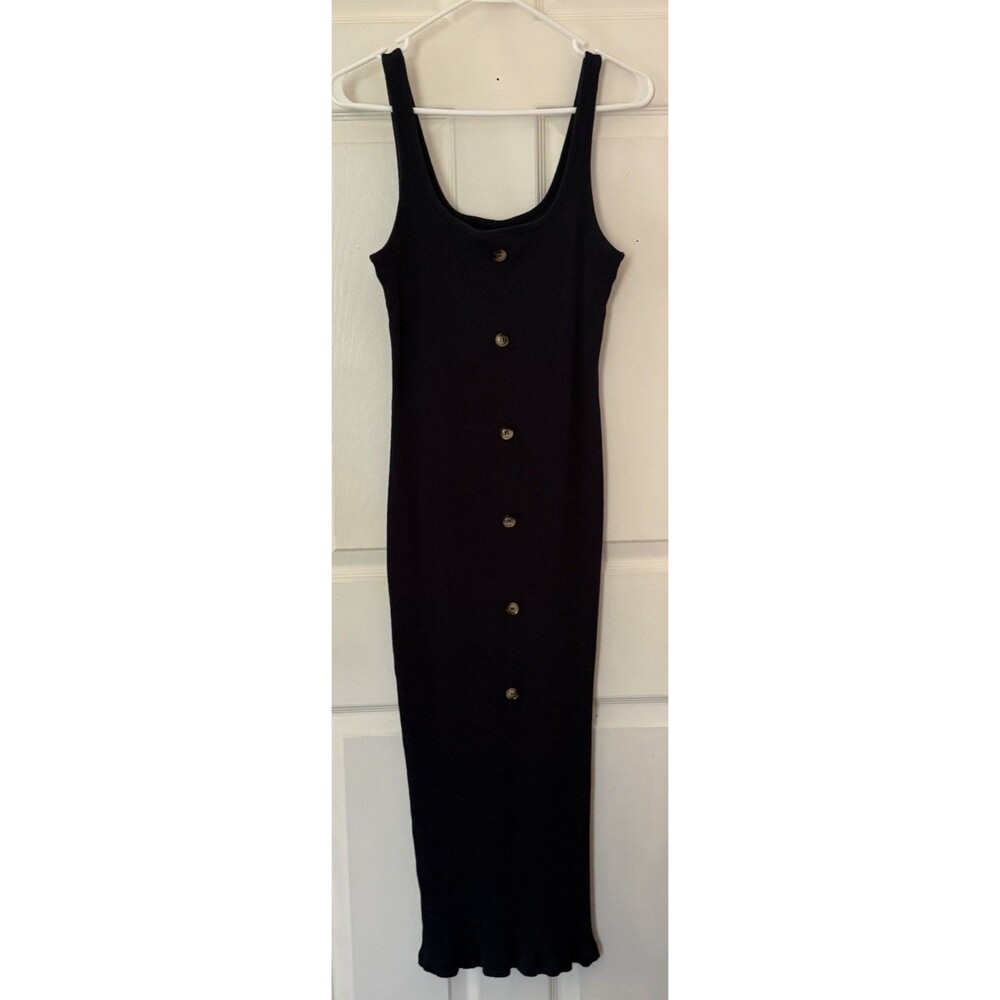 Shein Dress Womens Medium Navy Blue Ribbed Button Front Tank Midi Bodycon Casual